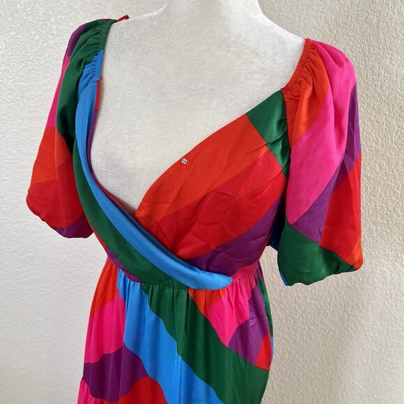 Skies are Blue Iliana Tiered Pink Colorful Maxi Dress Size Small Puffy Sleeve - Picture 6 of 16